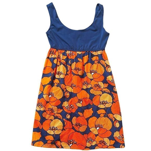 Anthropologie Judith March Retro Mod Navy Blue & Orange Poppy Dress Size M - Picture 1 of 14